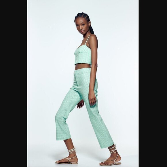 Zara Gingham Corset Bustier Top M Plaid Hook Spring Summer Blogger Fav Mint Trip - Picture 7 of 12